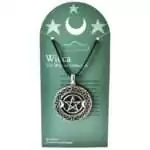 Silver-tone pewter pentacle pendant showing a five-pointed star flanked by two crescent moons at top, ringed by an interlocking Celtic knotwork border, on a black cord, shown on a Wicca Wiccan Collection display card.