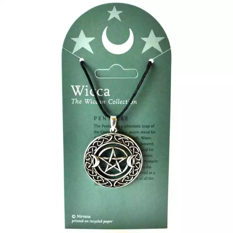 Silver-tone pewter pentacle pendant showing a five-pointed star flanked by two crescent moons at top, ringed by an interlocking Celtic knotwork border, on a black cord, shown on a Wicca Wiccan Collection display card.