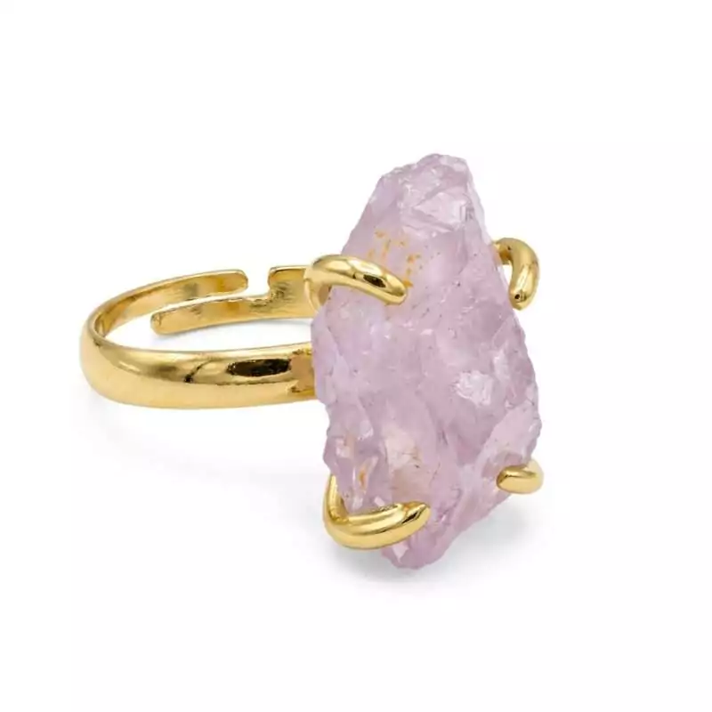 Rose-Quartz-adjustable-ring-JR025_Z_1 Gold-tone brass adjustable ring set with a raw, uncut translucent pink rose quartz crystal held by prong settings, shown against a white background.