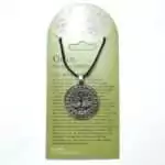 Silver-tone pewter pendant featuring a detailed Tree of Life (Yggdrasil) at the center, surrounded by a ring of Elder Futhark runes, on a black cord, shown on an Odin Norse Collection display card.