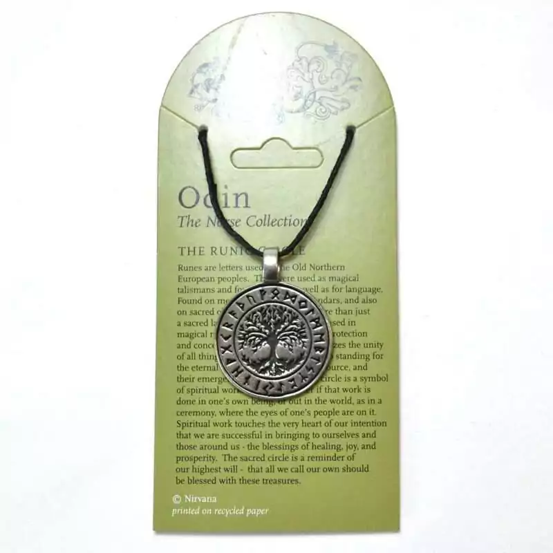 Runic-Circle-W-Tree-of-Life-pewter-JP3056 Silver-tone pewter pendant featuring a detailed Tree of Life (Yggdrasil) at the center, surrounded by a ring of Elder Futhark runes, on a black cord, shown on an Odin Norse Collection display card.