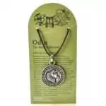 Silver-tone pewter pendant featuring a detailed wolf head at the center, surrounded by a ring of Elder Futhark runes, on a black cord, shown on an Odin Norse Collection display card.