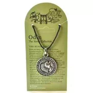 Silver-tone pewter pendant featuring a detailed wolf head at the center, surrounded by a ring of Elder Futhark runes, on a black cord, shown on an Odin Norse Collection display card.