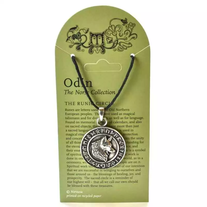 Silver-tone pewter pendant featuring a detailed wolf head at the center, surrounded by a ring of Elder Futhark runes, on a black cord, shown on an Odin Norse Collection display card.