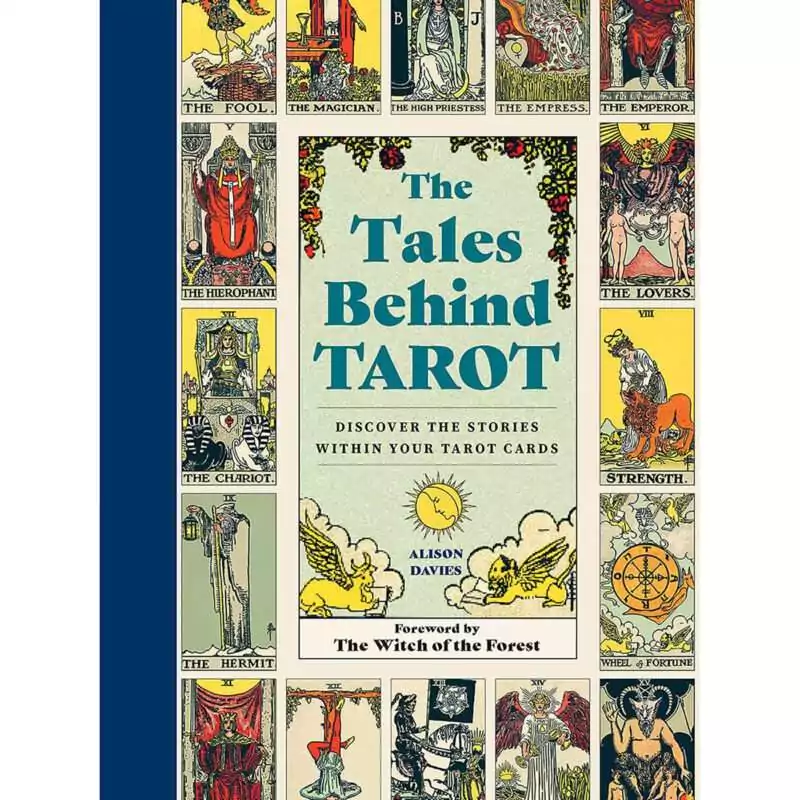 Tales-Behind-Tarot-hc-by-Alison-Davies-BTALBEH Hardcover copy of The Tales Behind Tarot by Alison Davies, open to a tarot card story page