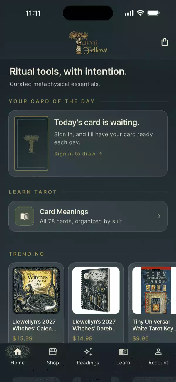 The Tarot Fellow home screen, with the card of the day waiting to be drawn.