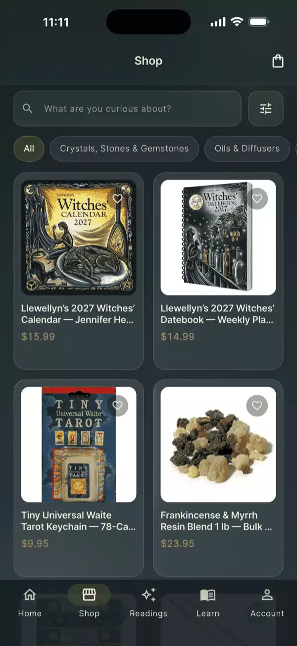 The in-app shop, a curated grid of metaphysical goods.
