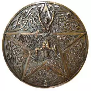 Horned God and Goddess plaque: a round bronze-toned relief with a five-pointed star, the Goddess in the top point, the Horned God at the center, and Celtic knotwork around the star.