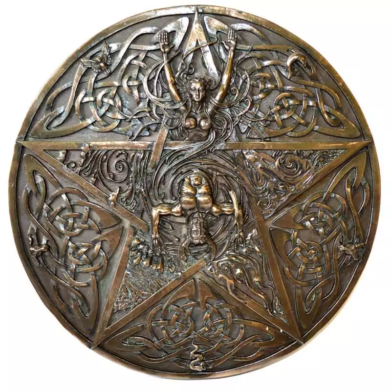 11-14quot-Horned-God-Goddess-plaque-SH725 Horned God and Goddess plaque: a round bronze-toned relief with a five-pointed star, the Goddess in the top point, the Horned God at the center, and Celtic knotwork around the star.