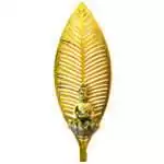 Buddha wall decor: a gold-toned leaf-shaped wall hanging cut with slatted veins, with a small seated Buddha on a lotus-petal tealight cup at its base.