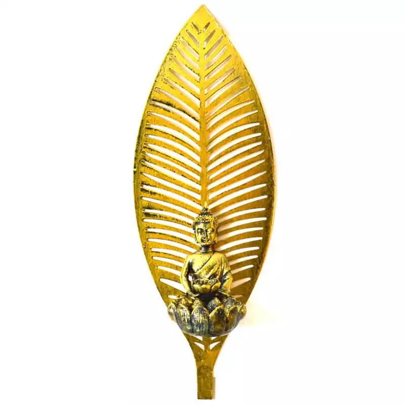 13quot-Buddha-Wall-Decor-SB981 Buddha wall decor: a gold-toned leaf-shaped wall hanging cut with slatted veins, with a small seated Buddha on a lotus-petal tealight cup at its base.