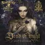 Cover of the Alchemy Gothic 2027 Calendar, Dead of Night: a pale woman with closed eyes among dark purple roses, thorned vines at her throat, with a gold 50 Years of Alchemy seal.