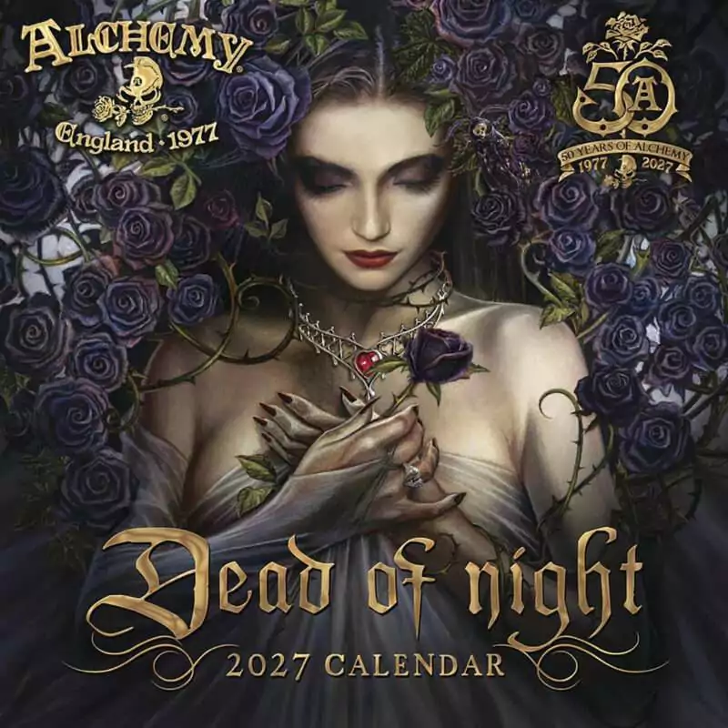 2027-Alchemy-Gothic-Calendar-by-Llewellyn-B27ALCGW Cover of the Alchemy Gothic 2027 Calendar, Dead of Night: a pale woman with closed eyes among dark purple roses, thorned vines at her throat, with a gold 50 Years of Alchemy seal.