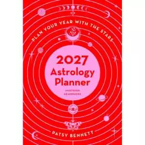 Red cover of the 2027 Astrology Planner by Patsy Bennett, Northern Hemisphere, with pink concentric orbits, moon phases, planets and a moth around a pink circle holding the title.