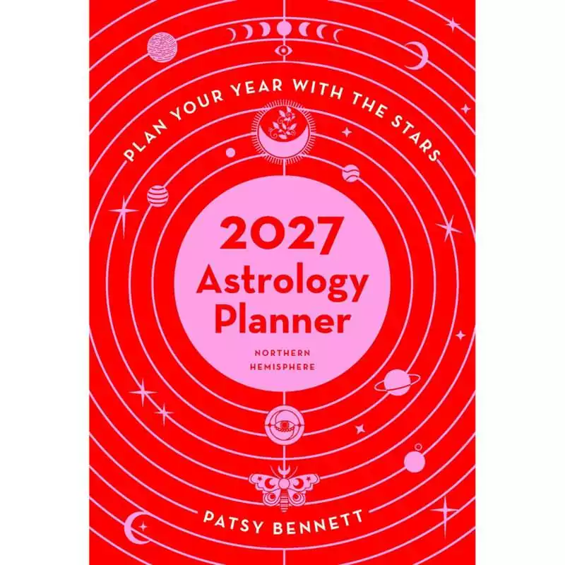 2027-Astrology-PLANNER-by-Patsy-Bennett-B27ASTP Red cover of the 2027 Astrology Planner by Patsy Bennett, Northern Hemisphere, with pink concentric orbits, moon phases, planets and a moth around a pink circle holding the title.