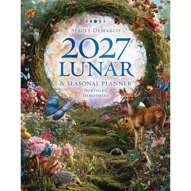 2027-Lunar-PLANNER-by-Stacey-Demarco-B27LUNP Cover of the 2027 Lunar and Seasonal Planner by Stacey Demarco, Northern Hemisphere: a pale Moon in a vine wreath above a flower meadow with butterflies, a fawn, a rabbit and a hedgehog.