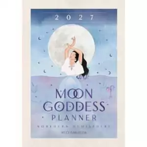 Cover of the 2027 Moon Goddess Planner by Nicci Garaicoa, Northern Hemisphere: a watercolor woman in white with raised arms before a full Moon, rising from the sea beside a seahorse and kelp.