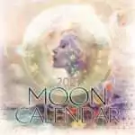 Cover of the 2027 Moon Wall Calendar: a woman in profile with closed eyes inside a pale full Moon marked with clock numerals, surrounded by flowers, leaves and soft gold geometric patterns.