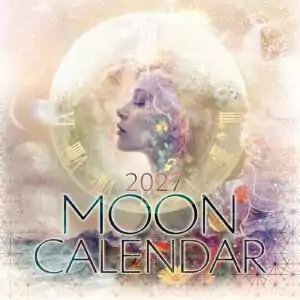 Cover of the 2027 Moon Wall Calendar: a woman in profile with closed eyes inside a pale full Moon marked with clock numerals, surrounded by flowers, leaves and soft gold geometric patterns.