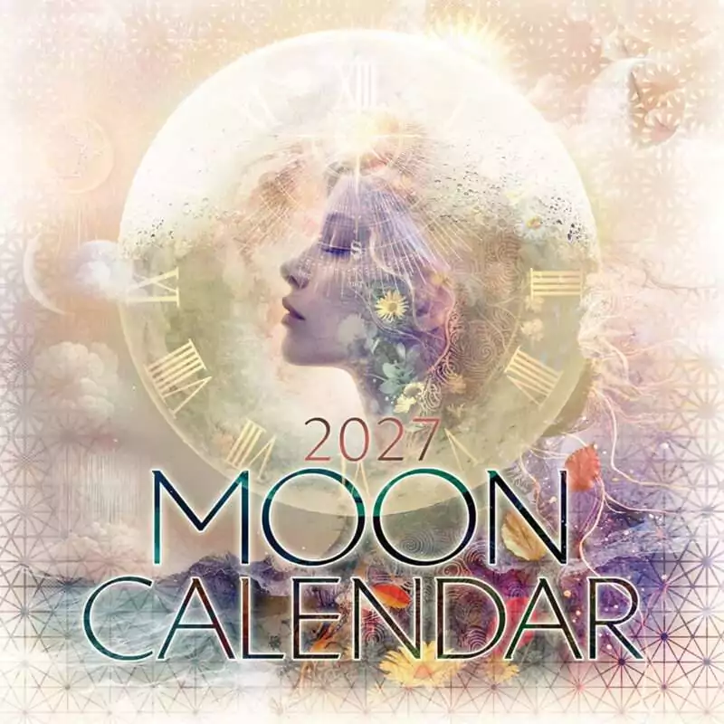 Cover of the 2027 Moon Wall Calendar: a woman in profile with closed eyes inside a pale full Moon marked with clock numerals, surrounded by flowers, leaves and soft gold geometric patterns.