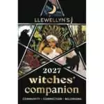 Cover of Llewellyn's 2027 Witches' Companion: a black cover with a silver pentagram holding a raven, a crowned woman in a white headwrap, a goddess beside a candle, red flowers by a cauldron and a black cat.