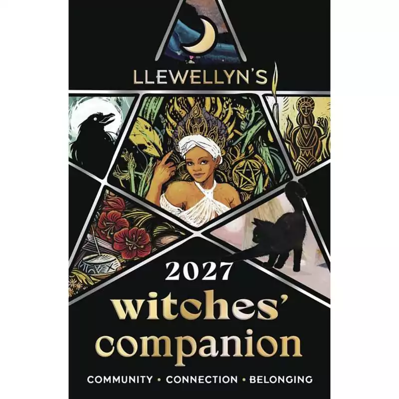 Cover of Llewellyn's 2027 Witches' Companion: a black cover with a silver pentagram holding a raven, a crowned woman in a white headwrap, a goddess beside a candle, red flowers by a cauldron and a black cat.