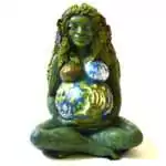 Millennial Gaia 4 inch statue: a green-skinned goddess seated cross-legged with leafy hair, cradling a painted blue and green Earth, with sea creatures carved on her legs.