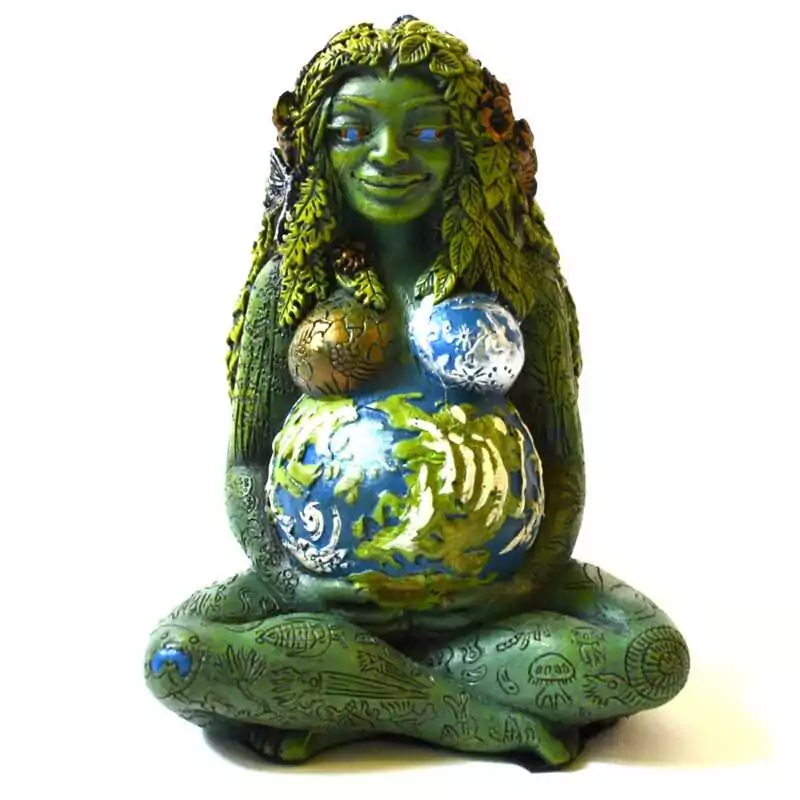 4quot-Millenial-Gaia-SG122 Millennial Gaia 4 inch statue: a green-skinned goddess seated cross-legged with leafy hair, cradling a painted blue and green Earth, with sea creatures carved on her legs.