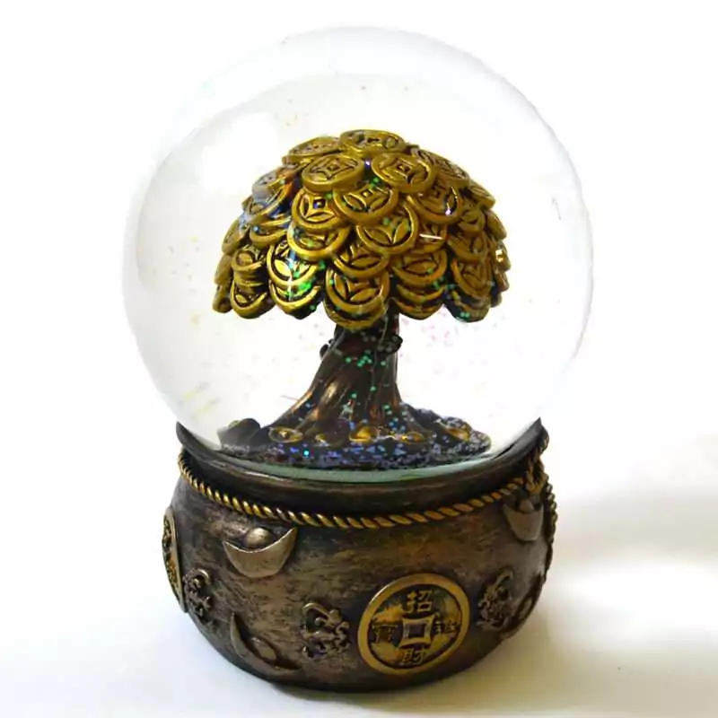 5quot-Money-Tree-Water-Globe-SM529 Money tree water globe: a clear sphere with glitter around a gold-toned tree of overlapping coins, on a bronze-toned base wrapped in gold rope with ingots and a coin medallion.