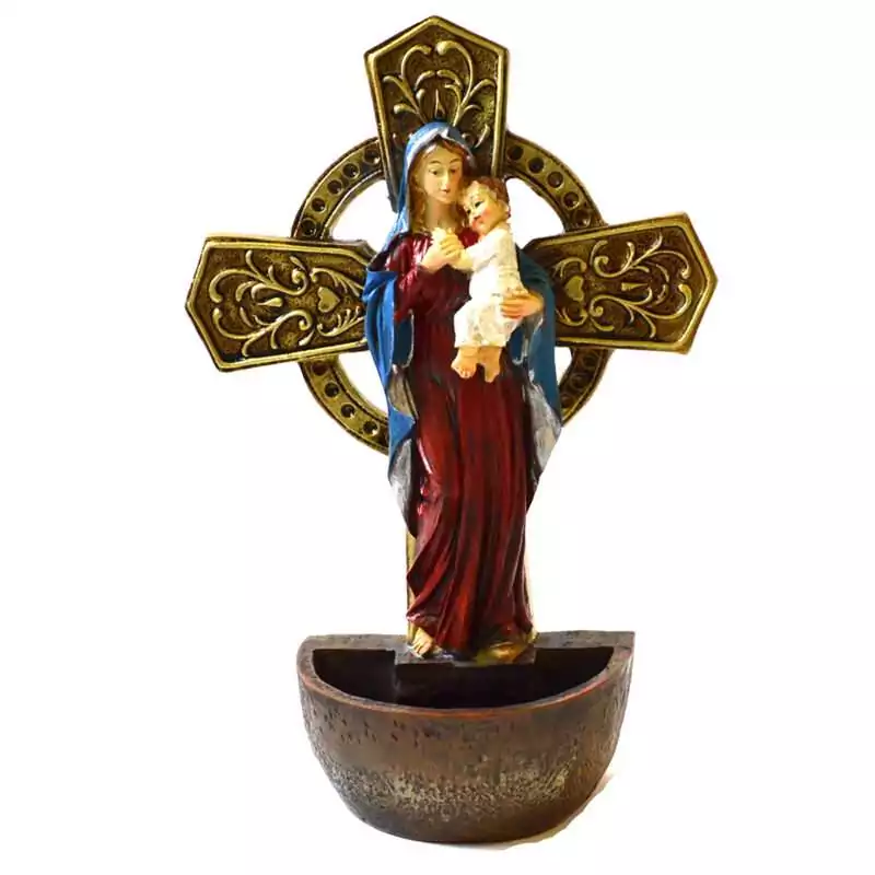6-12quot-Madonna-Child-fountain-SM052 Madonna and Child holy water font: Mary in a blue mantle and red gown holding the infant Jesus before a gold-toned ringed cross, above an aged-copper half-round basin.