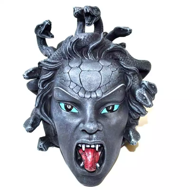 6-12quot-Medusa-Head-SM155 Medusa head statue in stone-gray resin with turquoise eyes, an open mouth showing fangs and a red tongue, and coiling snakes rising from her hair and crown.
