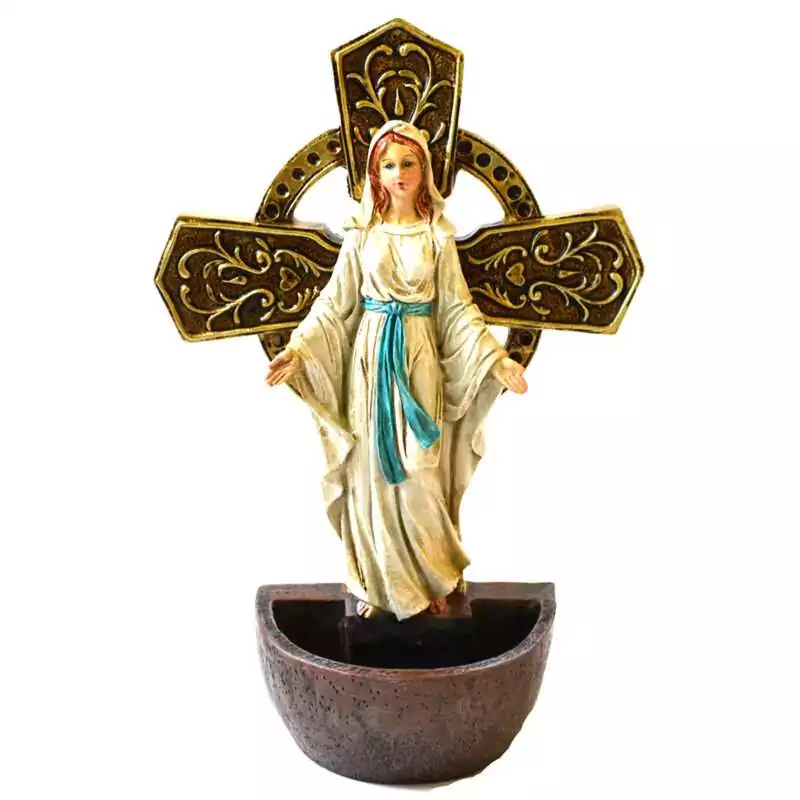 6-12quot-Our-Lady-of-Grace-fountain-SO049 Lady of Grace holy water font: Mary in a white hooded robe with a turquoise sash and open arms before a gold-toned ringed cross, above a bronze-toned half-round basin.