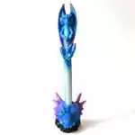 Blue dragon pen standing in a royal blue dragon-head holder with magenta horns, a cobalt winged dragon with violet wings on top, and a pale blue barrel, on white