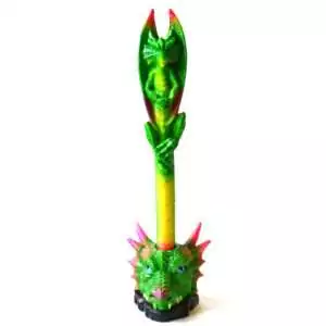 Green dragon pen standing in a green dragon-head holder with pink horns and blue eyes, a winged dragon on top, and a green to yellow scaled barrel, on white