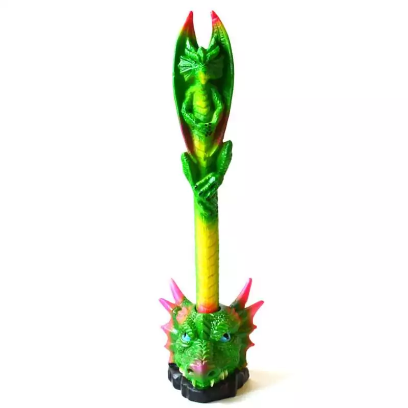 7quot-Green-Dragon-pen-FP3535 Green dragon pen standing in a green dragon-head holder with pink horns and blue eyes, a winged dragon on top, and a green to yellow scaled barrel, on white