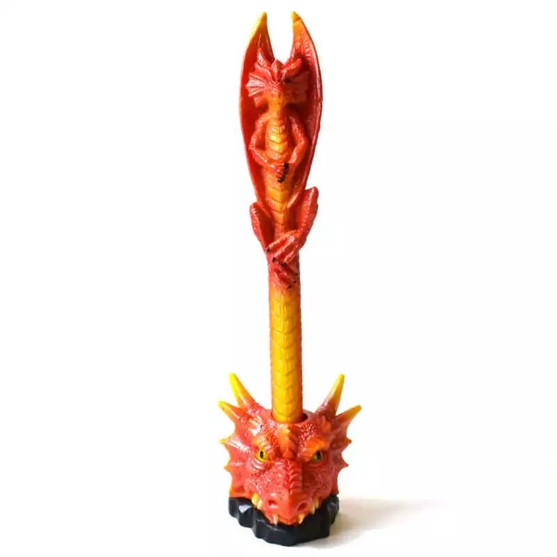 7quot-Red-Dragon-pen-FP3534 Red dragon pen standing in a dragon-head holder on a black rock base, with a winged dragon seated on top and an orange and gold scaled barrel, on white