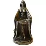 Celtic Danu goddess statue in a bronze-toned finish: a hooded, veiled woman holding a shallow spiral-carved dish, with a snake and flowers on a round base.