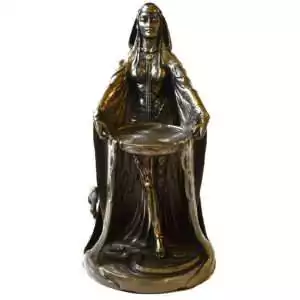 Celtic Danu goddess statue in a bronze-toned finish: a hooded, veiled woman holding a shallow spiral-carved dish, with a snake and flowers on a round base.