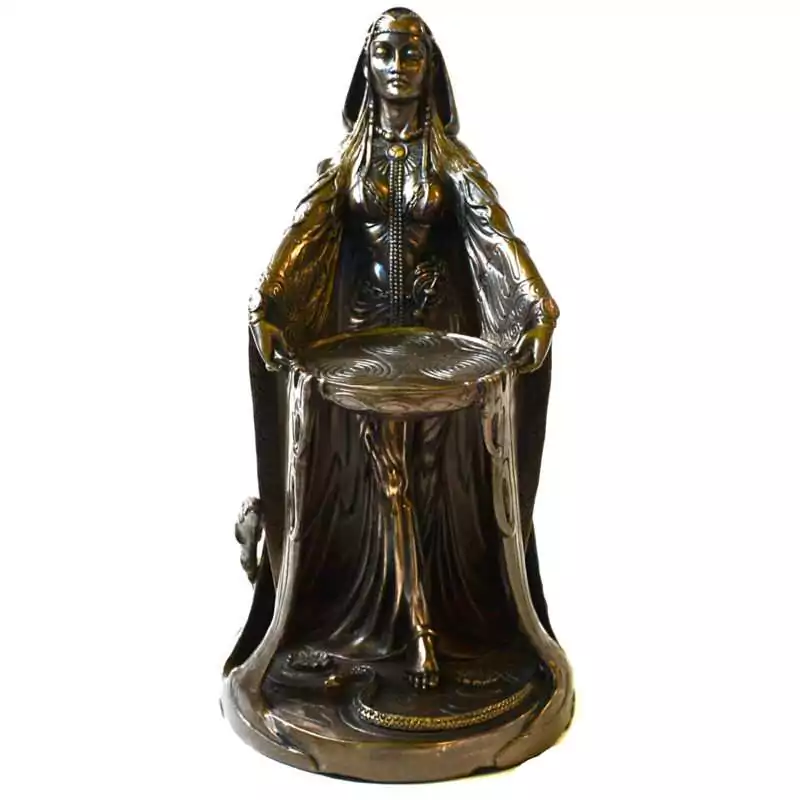 9-12quot-Celtic-Danu-Goddess-SD885 Celtic Danu goddess statue in a bronze-toned finish: a hooded, veiled woman holding a shallow spiral-carved dish, with a snake and flowers on a round base.