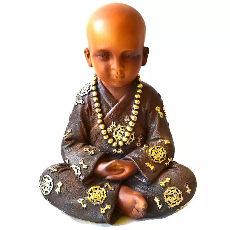 9quot-Monk-SMONK Seated monk statue with a shaved head and downcast eyes, hands resting in his lap, in a brown robe with gold-toned roundels and a long strand of gold-toned prayer beads.