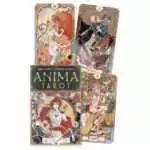 Anima Tarot box by Anna Oginski and Catherine Asterdis with fanned cards: the Fool with a tiger, the Empress in golden robes and a woman with a lion, all framed in gold