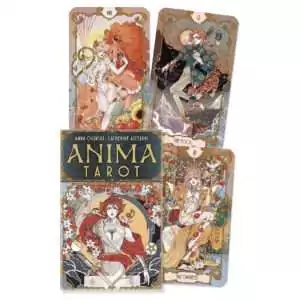 Anima Tarot box by Anna Oginski and Catherine Asterdis with fanned cards: the Fool with a tiger, the Empress in golden robes and a woman with a lion, all framed in gold