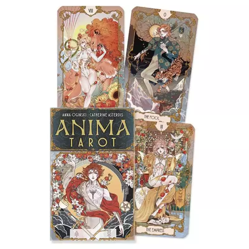 Version 1.0.0 Anima Tarot box by Anna Oginski and Catherine Asterdis with fanned cards: the Fool with a tiger, the Empress in golden robes and a woman with a lion, all framed in gold