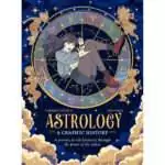 Cover of Astrology: A Graphic History by Carmen Guasco and Lisa Salsi, showing a young woman with long dark hair tumbling inside a gold zodiac wheel, ringed by zodiac figures on a starry blue night sky