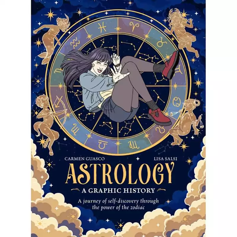 Astrology-Graphic-History-hc-by-Guasco-Salsi-BASTGRA Cover of Astrology: A Graphic History by Carmen Guasco and Lisa Salsi, showing a young woman with long dark hair tumbling inside a gold zodiac wheel, ringed by zodiac figures on a starry blue night sky