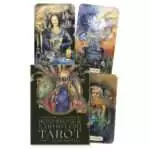 Bonestone & Earthflesh Tarot: The Reawakening box by Avalon Cameron and Ana Tourian, dark green with a tree-faced figure, beside watercolor cards including The Lovers and The Magician