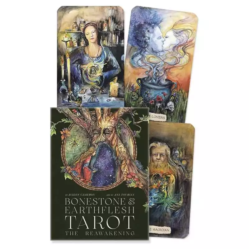 Bonestone & Earthflesh Tarot: The Reawakening box by Avalon Cameron and Ana Tourian, dark green with a tree-faced figure, beside watercolor cards including The Lovers and The Magician