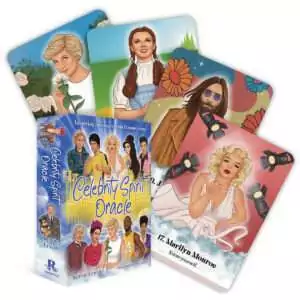 Celebrity Spirit Oracle box by Kerrie Erwin and Ellie Grant with fanned portrait cards, including 17. Marilyn Monroe: Know yourself, and a cover of famous faces beneath golden gates