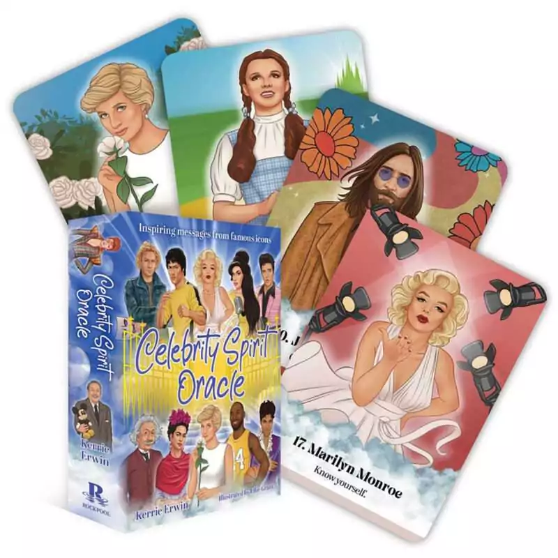 Celebrity-Spirit-oracle-by-Erwin-Grant-DCELSPIO Celebrity Spirit Oracle box by Kerrie Erwin and Ellie Grant with fanned portrait cards, including 17. Marilyn Monroe: Know yourself, and a cover of famous faces beneath golden gates