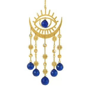 20 inch Evil Eye Sun Catcher with crescent moon, gold-toned, with blue crystal prisms